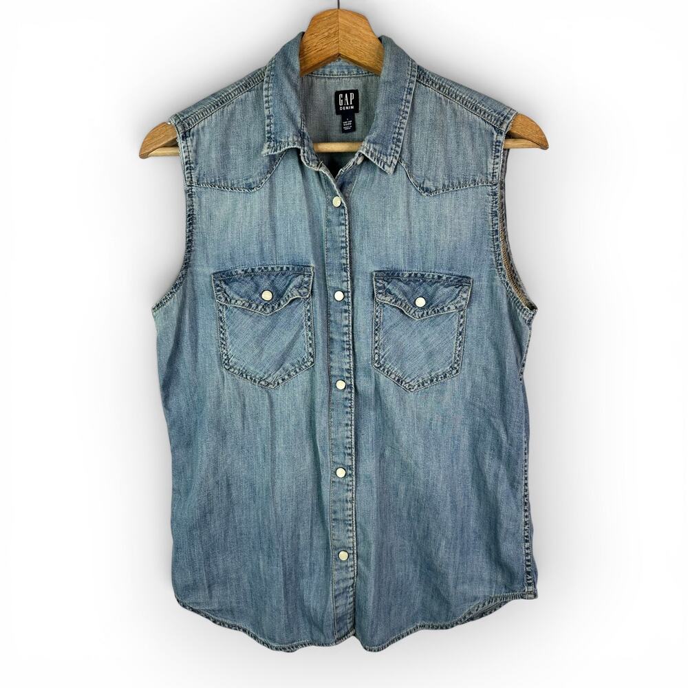 Gap Denim Sleeveless Western Chambray Pearl Snap Button Down Shirt Womens Small